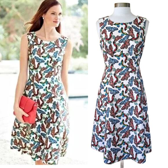 TALBOTS Butterfly Print Linen-Blend Midi Dress Sz 6 A-line Summer Modest A-line - Picture 1 of 10